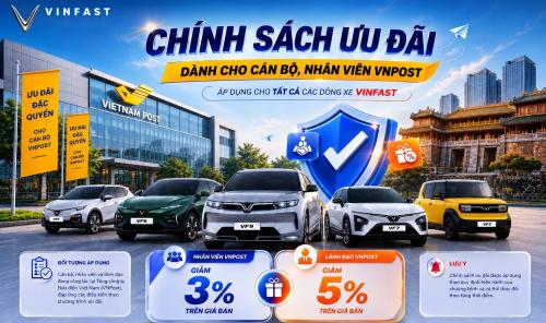 ƯU ĐÃI ĐẶC BIỆT DÀNH RIÊNG CHO CÁN BỘ, NHÂN VIÊN VIETNAM POST KHI MUA XE Ô TÔ ĐIỆN VINFAST Trang chủ Tin tức Khuyến mãi